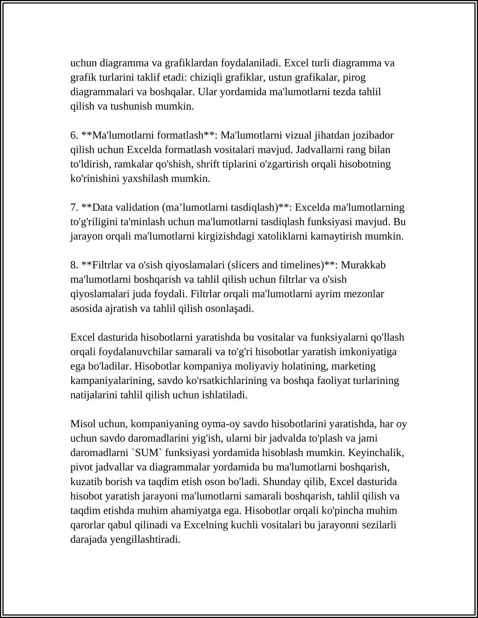 EXCEL DASTURIDA TURLI HISBOTLAR TAYYORLASH 4