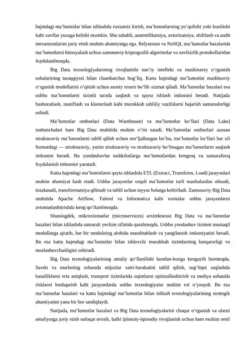 MAʼLUMOTLAR BAZALARI VA KATTA HAJMDAGI MAʼLUMOTLAR BILAN ISHLASH TEXNOLOGIYALARI 4