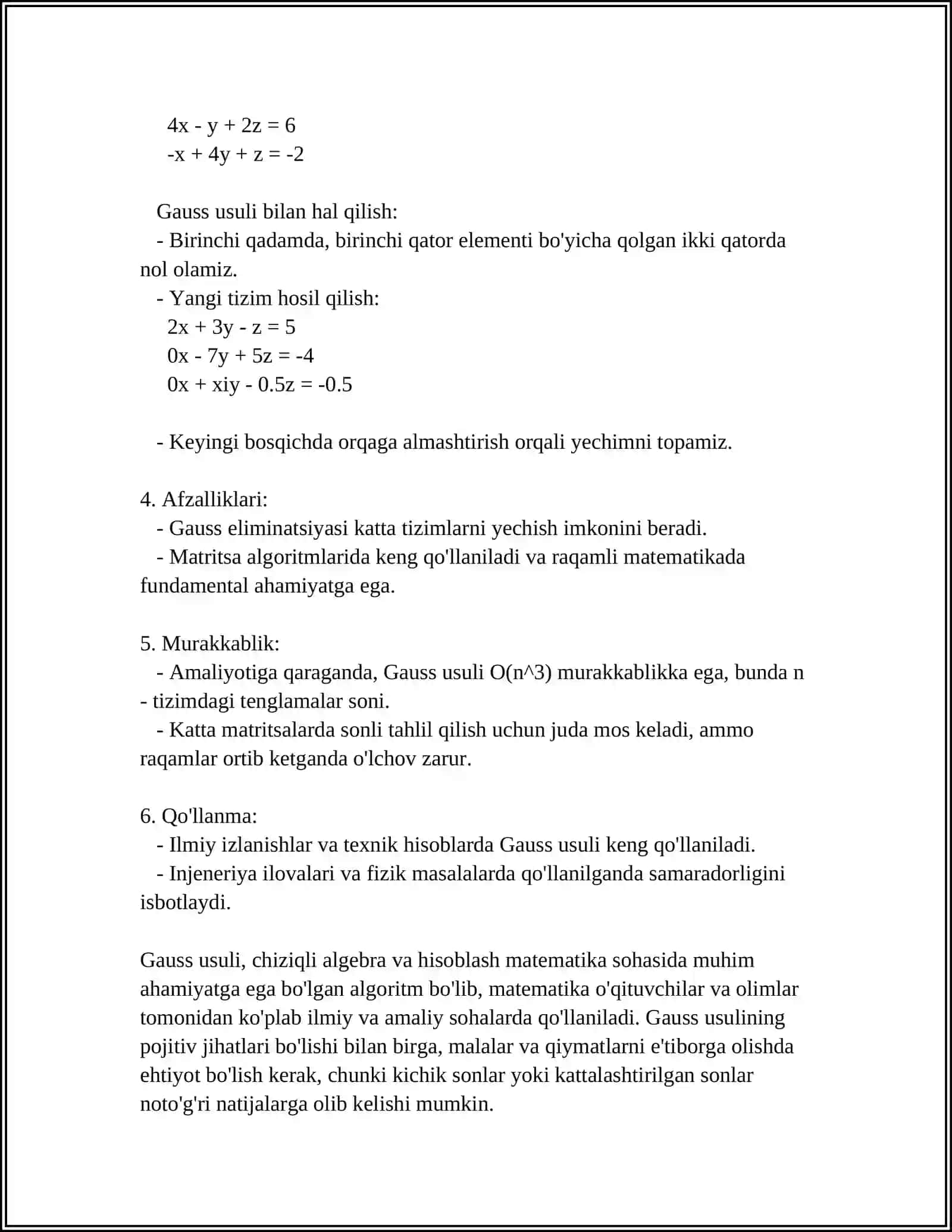 GAUSS USULI YORDAMIDA TENGLAMALAR SISTEMASINI YECHISH ALGORITMI 4