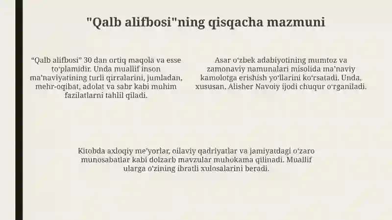 Bahodir Karimovning "Ruhiyatalifbosi" asarida adabiyot shuhunoslik muammolarining yechimi 4