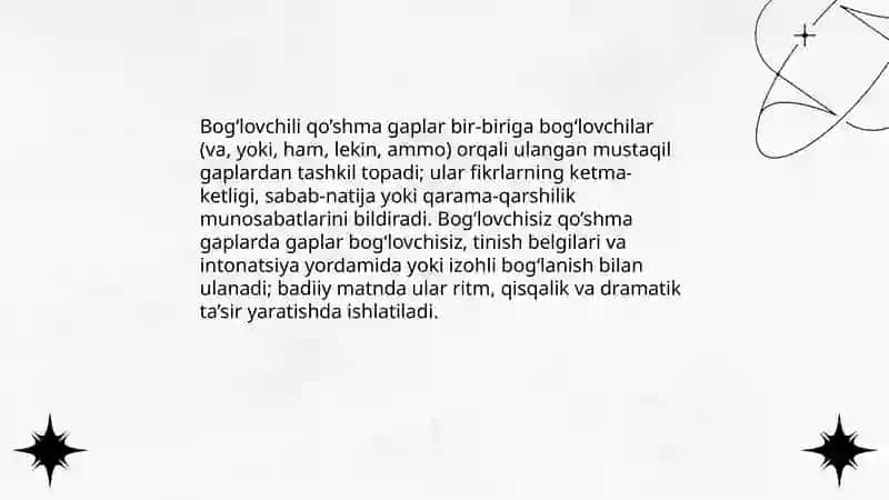Qo’shma gap turlari va badiiy matnda ifodalanishi va structurasi 4