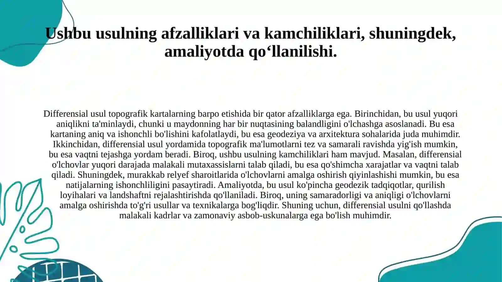 Topografik kartalarning barpo etishda differensial usulning qoʻllanilishi 4