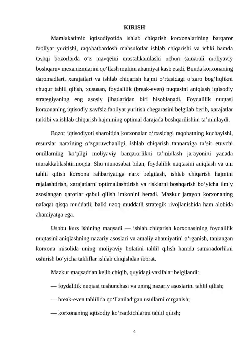 Ishlab chiqarish korxonasining foydalalik nuqtasini aniqlash va tahlil qilish 4