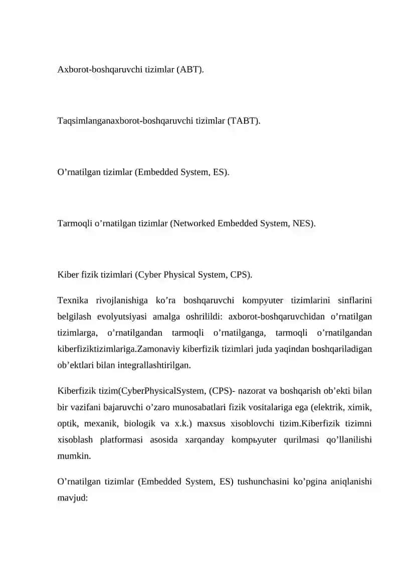O‘rnatilgan tizimlar faniga kirish.O‘rnatiladigan tizimlar haqida asosiy tushunchalar. O‘rnatilgan tizimlarning turlari va ko‘rsatgichlari. Real vaqt o‘lchamida ishlash 4