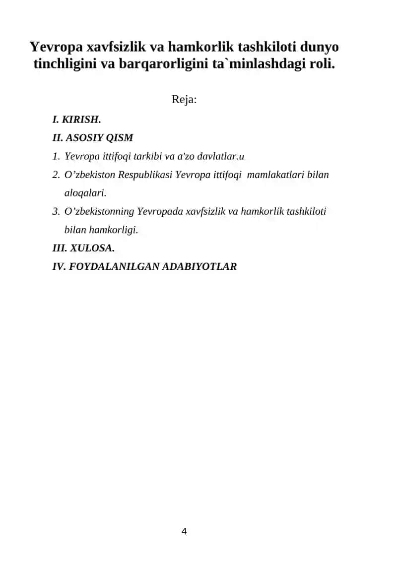 Yevropa Xavfsizlik va Hamkorlik Tashkiloti Dunyo Tinchligi Bilan Barqarorligini Ta`minlashdagi Roli 4