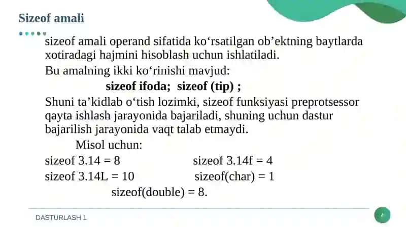 Dasturlash tillarining tuzilmasi. Chiziqli algoritmlarni tashkil qilish va algebraik ifodalarni matematik kutubxona funksiyalari yordamida hisoblash. 4