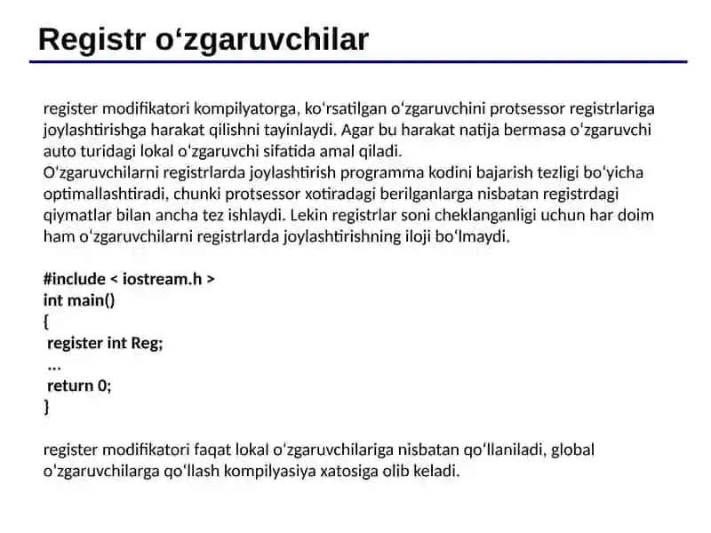 C++ tilida xotira sinflari. Nomlar fazosi 4