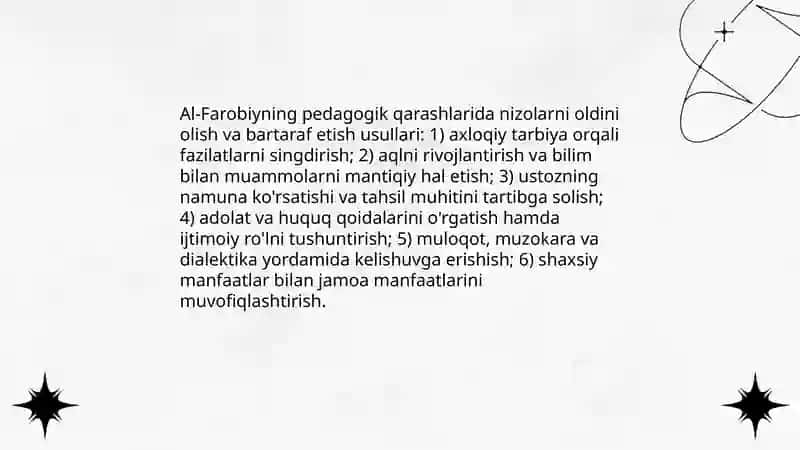 Sharq mutafakkirlarining konfliktlarning yuzaga kelish sabablari va ularni bartaraf etish haqidagi pedagogik ģoyalarini órganish hamda tahlil etish 4
