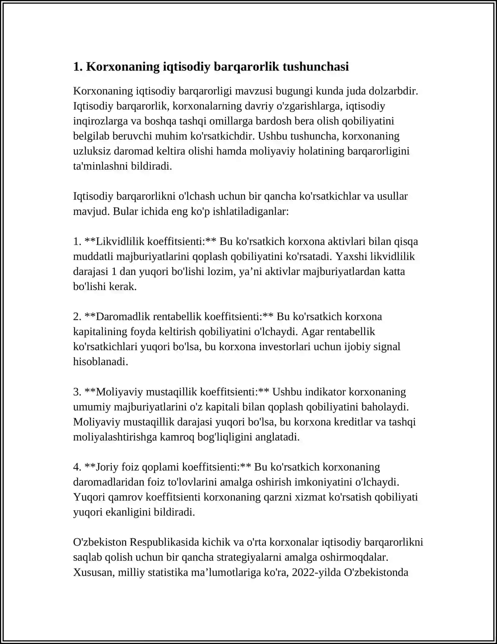 ISLOHOTLARNI DAVOM ETTIRISH VA CHUQURLASHTIRISH SHAROITIDA KORXONANING IQTISODIY BARQARORLIGINI TA’MINLASH ASOSLARI 4