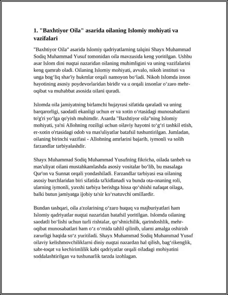 SHAYX MUXAMMAD SODIQ MUXAMMAD YUSUFNING "BAXTIYOR OILA" ASARIDA ISLOM QADRIYATLARINING TALQINI 4