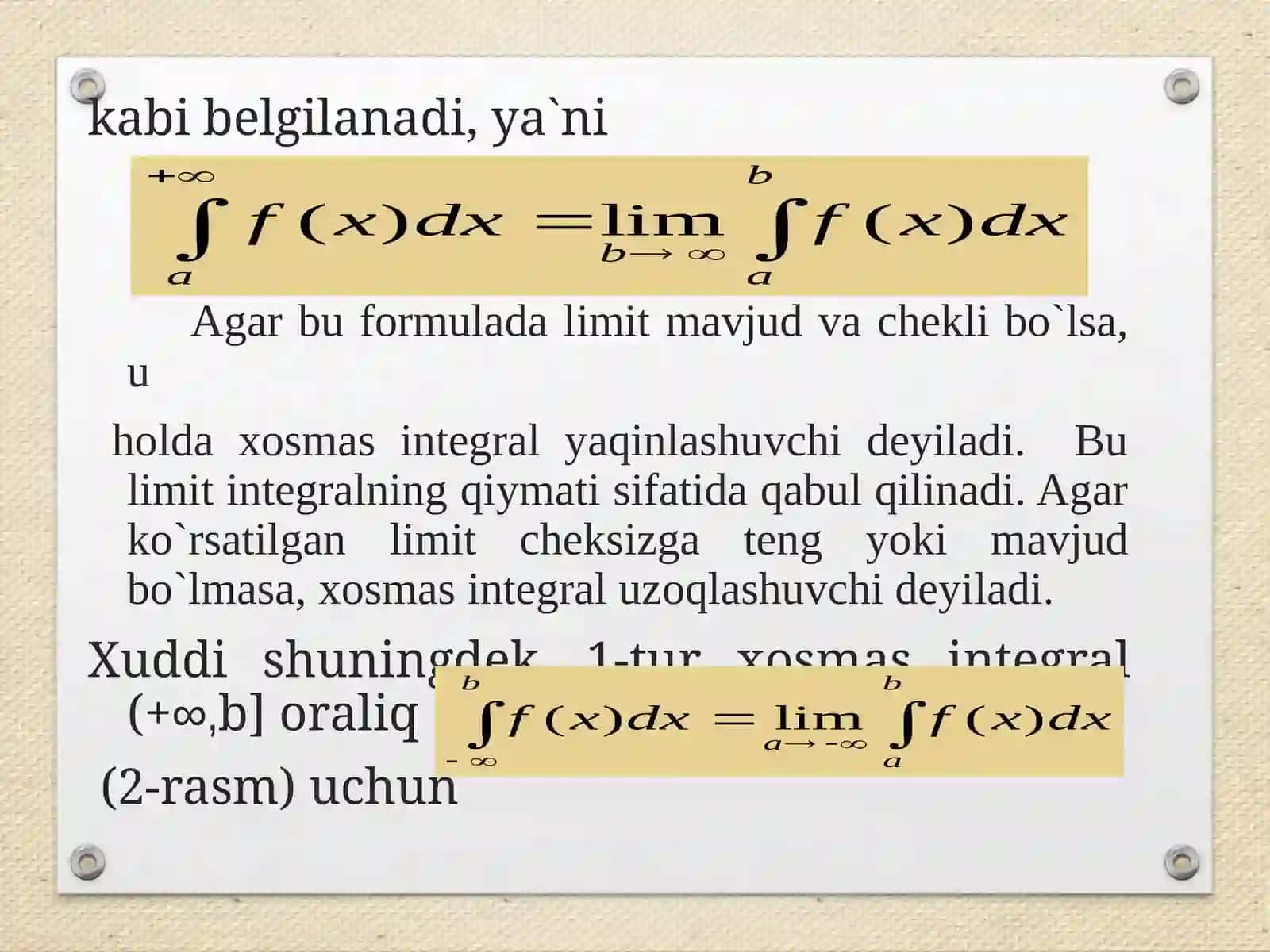 28-mavzu. Xosmas integral. Aniq integralni taqribiy hisoblash va uning geometrik va iqtisodiy tatbiqlari 4