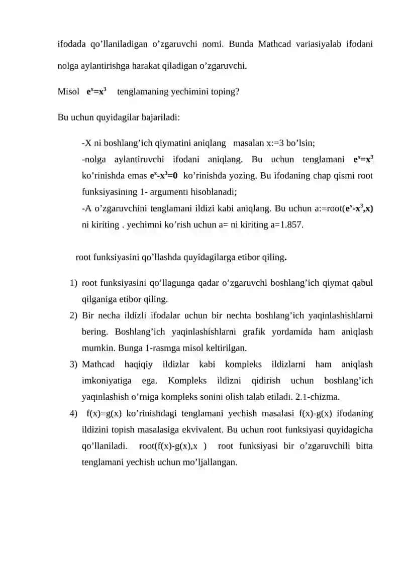 MATHCAD DASTURIDAN FOYDALANIB TENGLAMALR YECHISH HAQIDA TUSHUNCHA 4