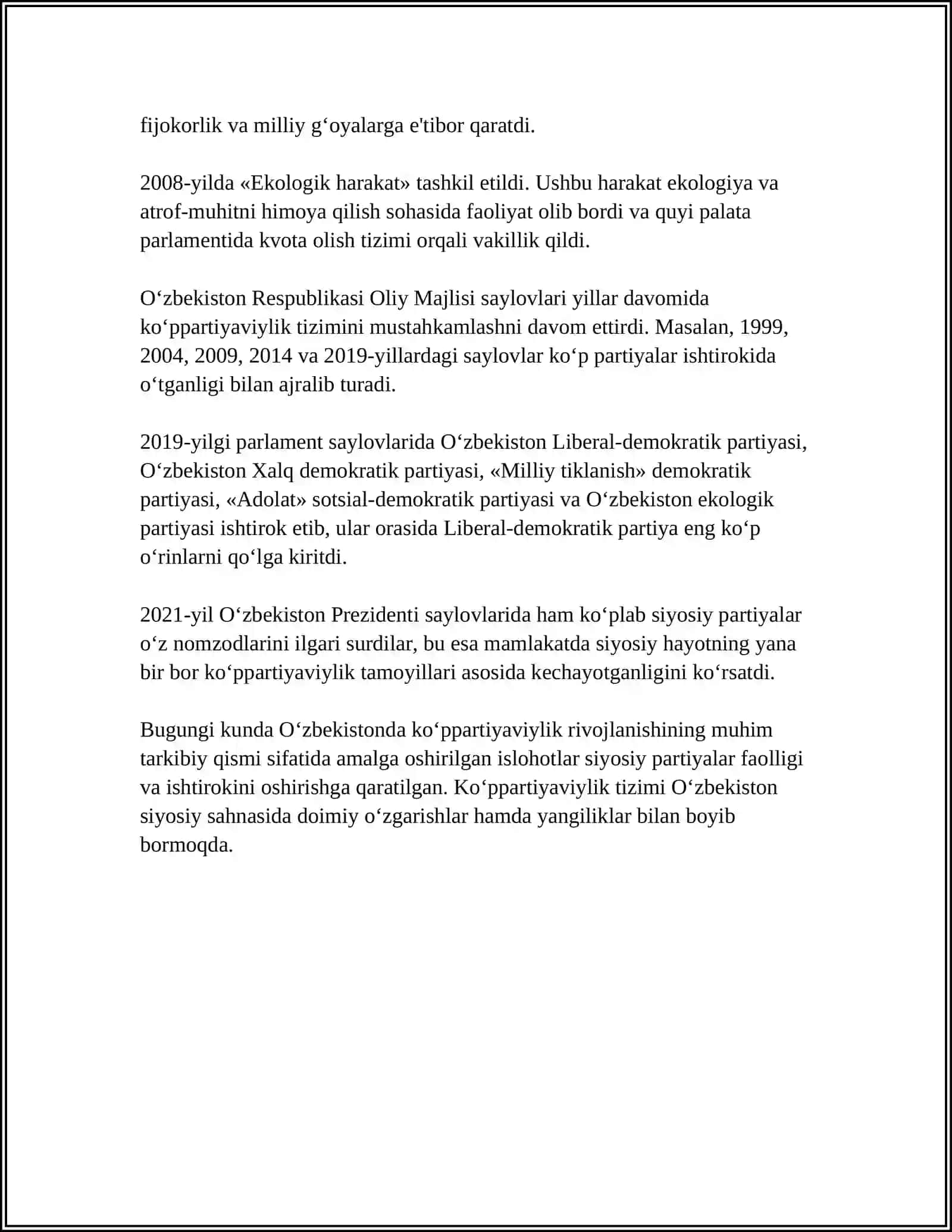 O‘ZBEKISTONDA KO‘PPARTIYAVIYLIK TIZIMINING SHAKLLANISHI VA UNING AHAMIYATI,SIYOSIY PARTIYALAR FAOLIYATIDAGI XUSUSIYATLAR 4