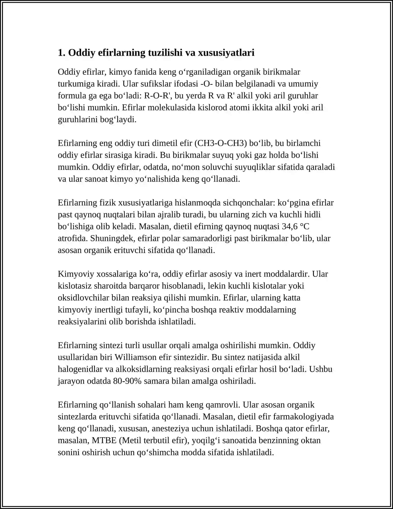 ODDIY VA MURAKKAB EFIRLAR.VINIL SPIRTI VA UNING HOSILALARI.VINILATSETAT VA UNING ASOSIDAGI POLIMERLAR. SIKLIK ODDIY EFIRLAR.VINEL EFIRLARNING OLINISHI GIDROLIZI VA POLIMERLANISHI 4