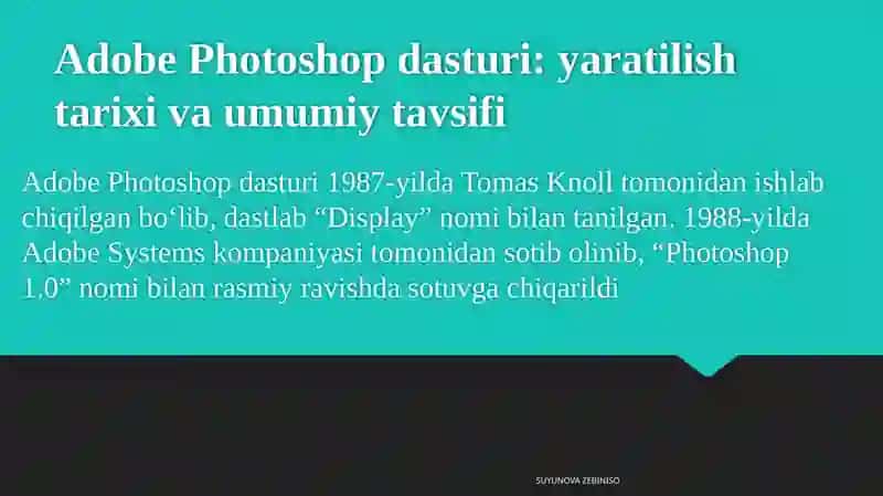 Adobe Photoshop dasturi va ishlash prinsipi. Dastur yordamida rasmlarni qayta ishlash. Adobe Photoshop dasturida qatlamlar bilan ishlash. Adobe Photoshop dasturida filtrlar bilan ishlash. Adobe Photoshop dasturida harakatlanuvchi tasvirlar hosil qilish. Corel Draw dasturi va ishlash prinsipi 4