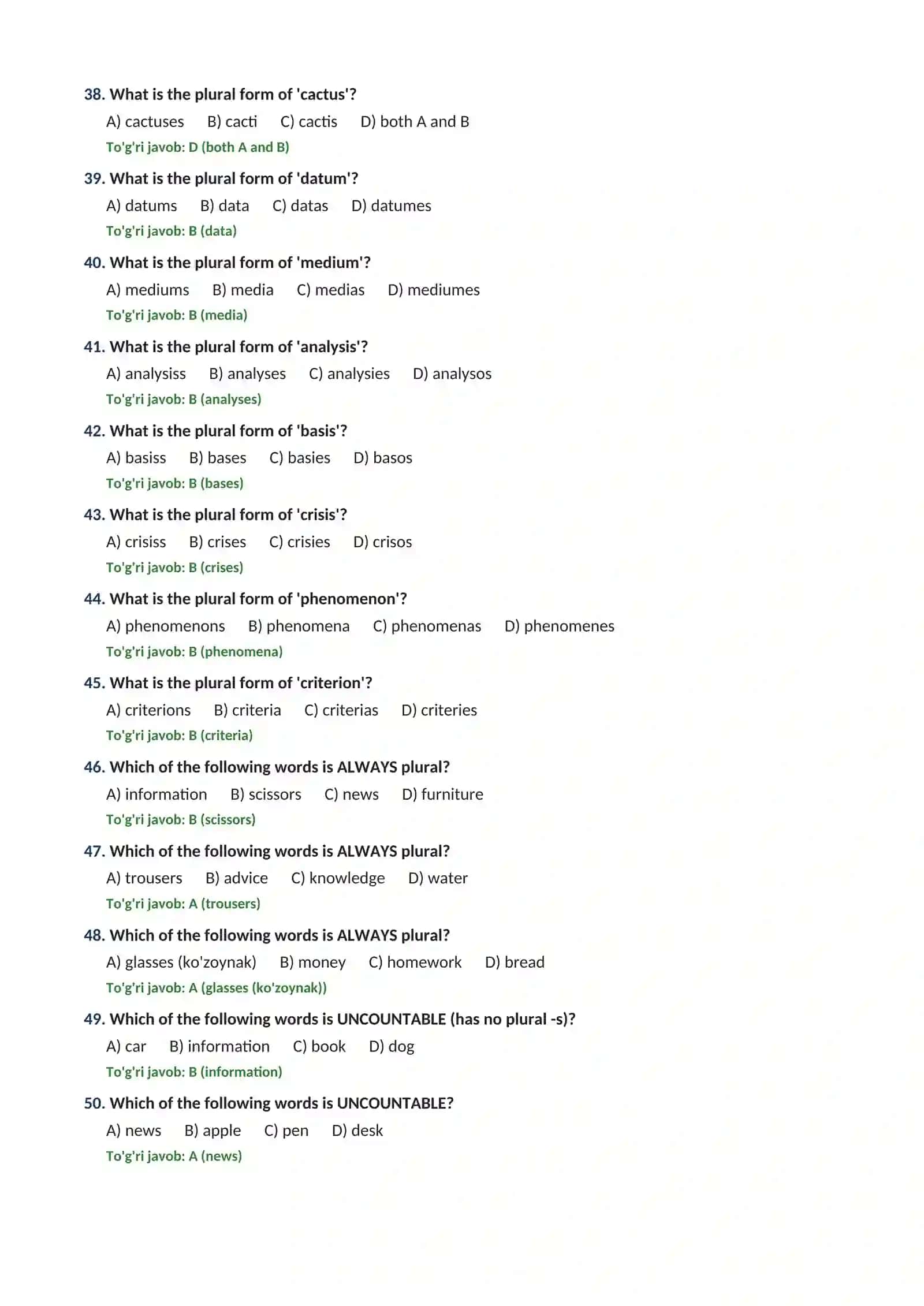 ENGLISH GRAMMAR: PLURAL NOUNS (OTLARNING KO'PLIK  SHAKLI)  MAVZUSI BO'YICHA100 TA TEST TOPSHIRIQLARI 4