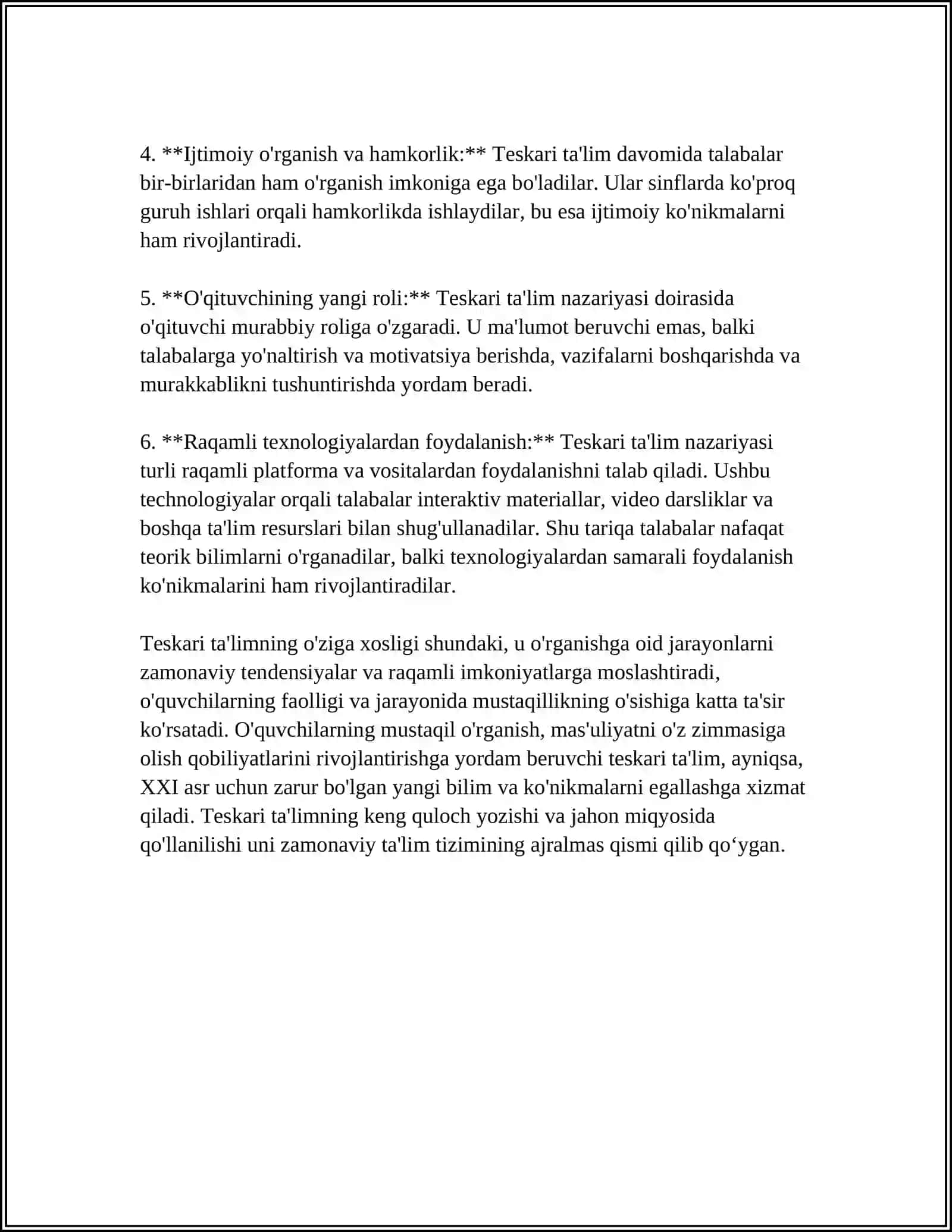 TESKARI TAʼLIM VA TESKARI SINF 4