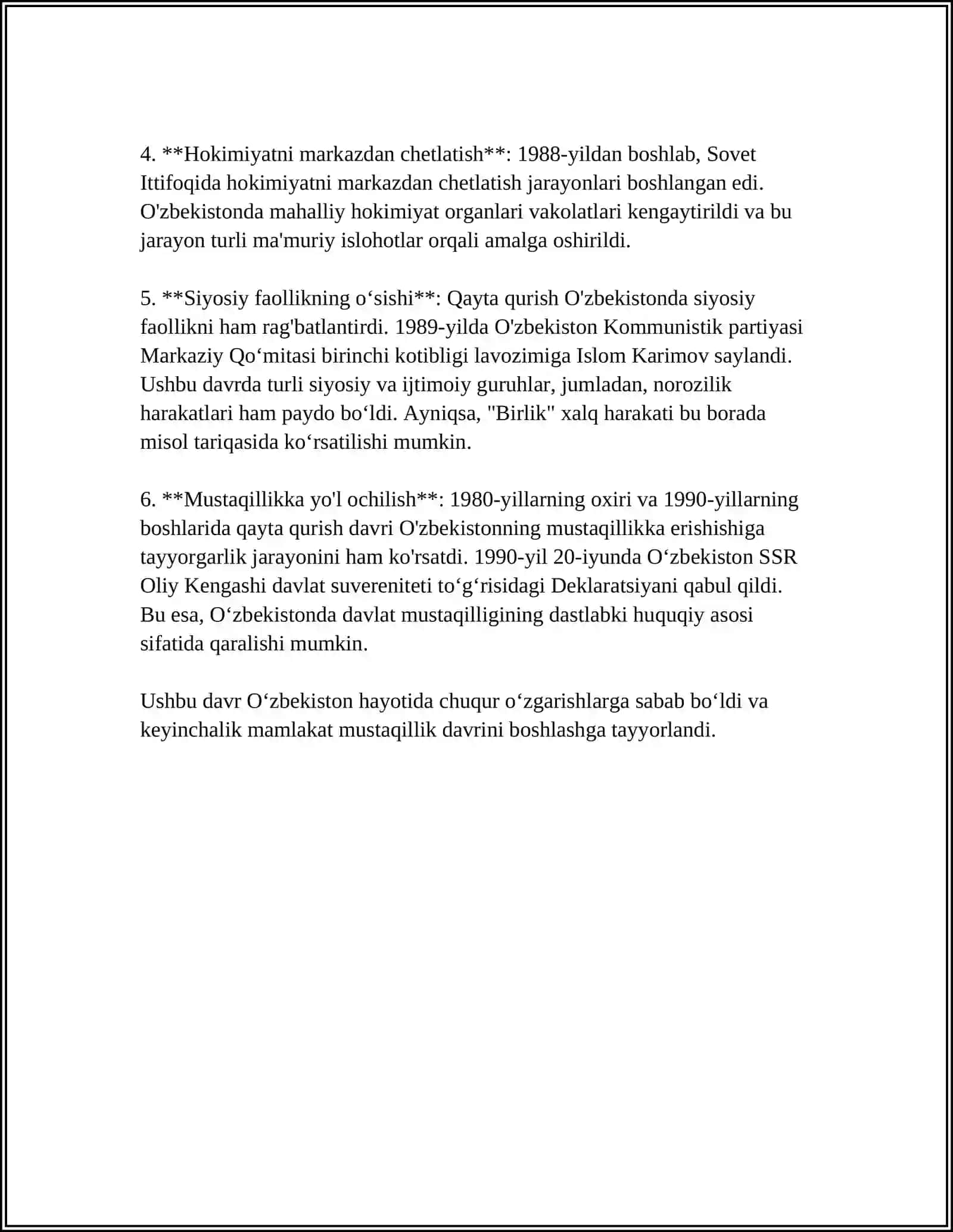 "QAYTA QURISH " YILLARIDA OʻZBEKISTONNING IJTIMOIY - SIYOSIY VAZIYATI 4