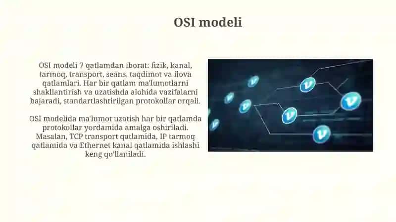 OSI va TCP/IP modellari, protokollar hamda IPv6 adreslash turlari 4