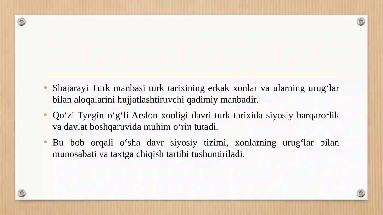 SHAJARAYI TURK DAGI QO'ZI TYEGIN O'G'LI ARSLONNING XON BO'LGANINING ZIKRI BOBI TAHLILI 4