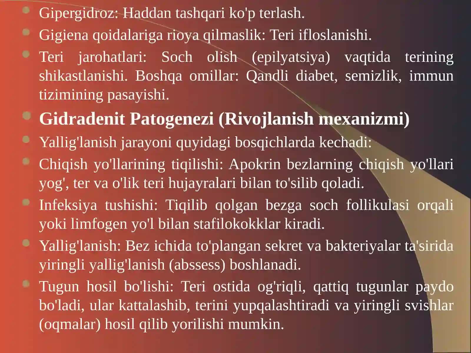Gidradenit, mastit, paraproktit, parotit, erizepiloid etiologiyasi, patogenezi. Qandli diabetli bemorlarda yumshoq to‘qimalar xirurgik infeksiyasini davolash usullari 4