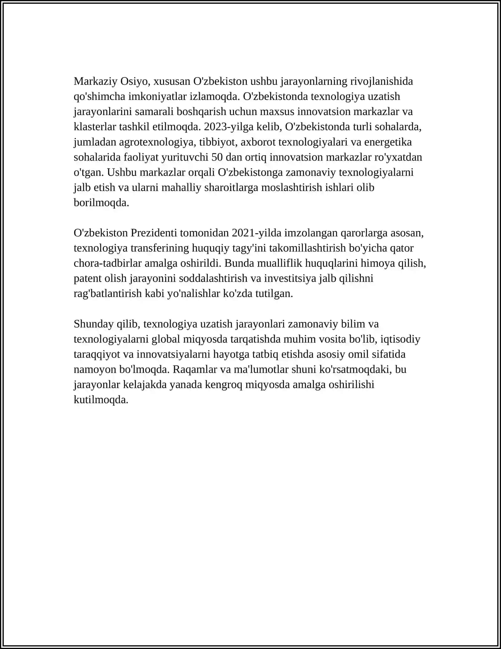 MUSTAQIL ISH Mavzu: TRANSFER TEXNOLOGIYASI 4