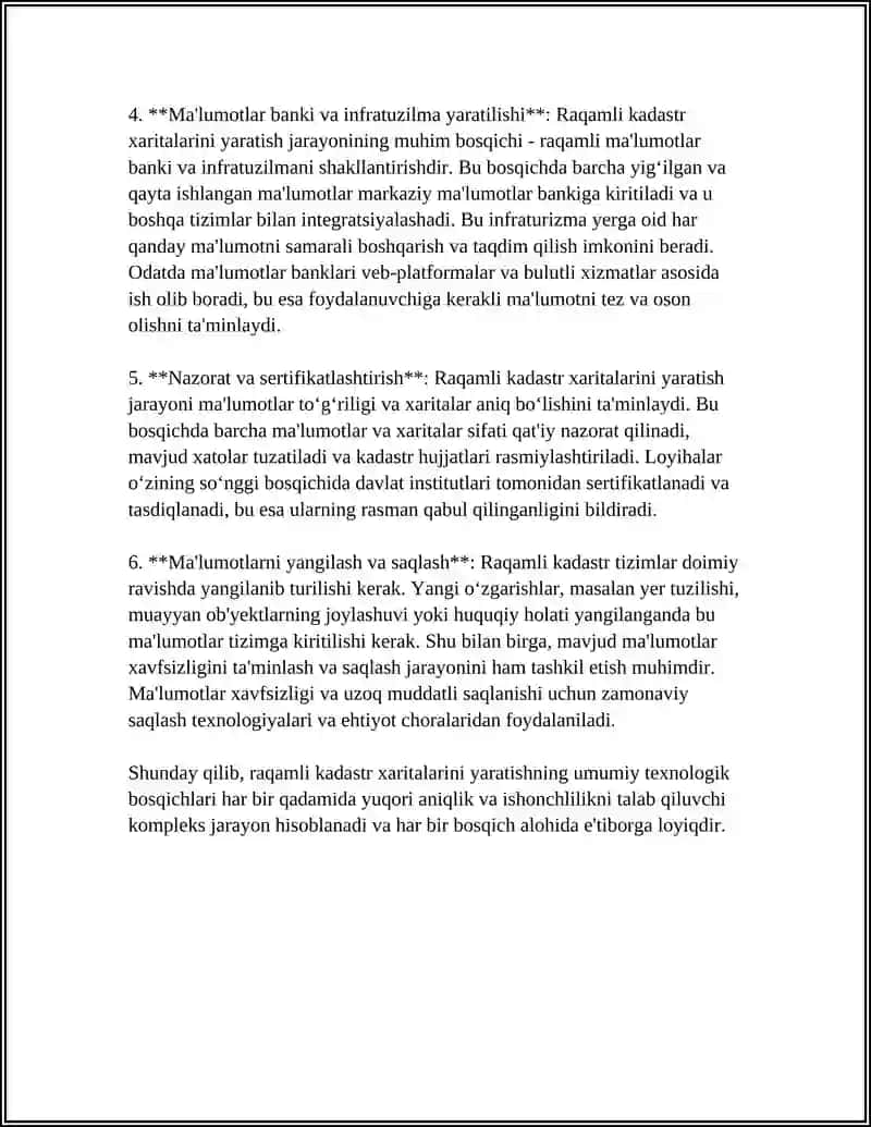 RAQAMLI KADASTR XARITALARINI TUZISHNING ASOSIY TEXNOLOGIK JARAYONLARI, ULARNING MAZMUNI VA XUSUSIYATLARI 4