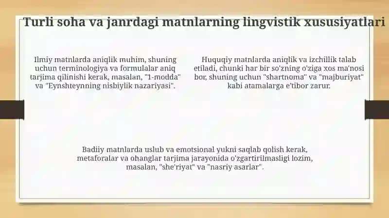 Turli soha va janrlarga oid matnlar tarjimasi 4