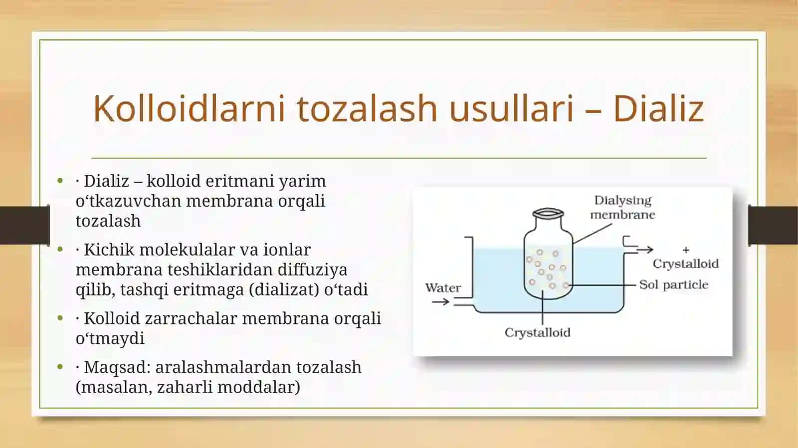Kolloidsistemalarnidializyo‘libilantozalash.Gemodializnio‘tkazishdakimyoningahamiyati.Yuqorimolekulyarbirikmalareritmalariningxossalari.Qonningreologikxossalari.Dag‘al-disperssistemalarningxossalarivaularnitibbiyotvafarmakologiyadaishlatilishi 4