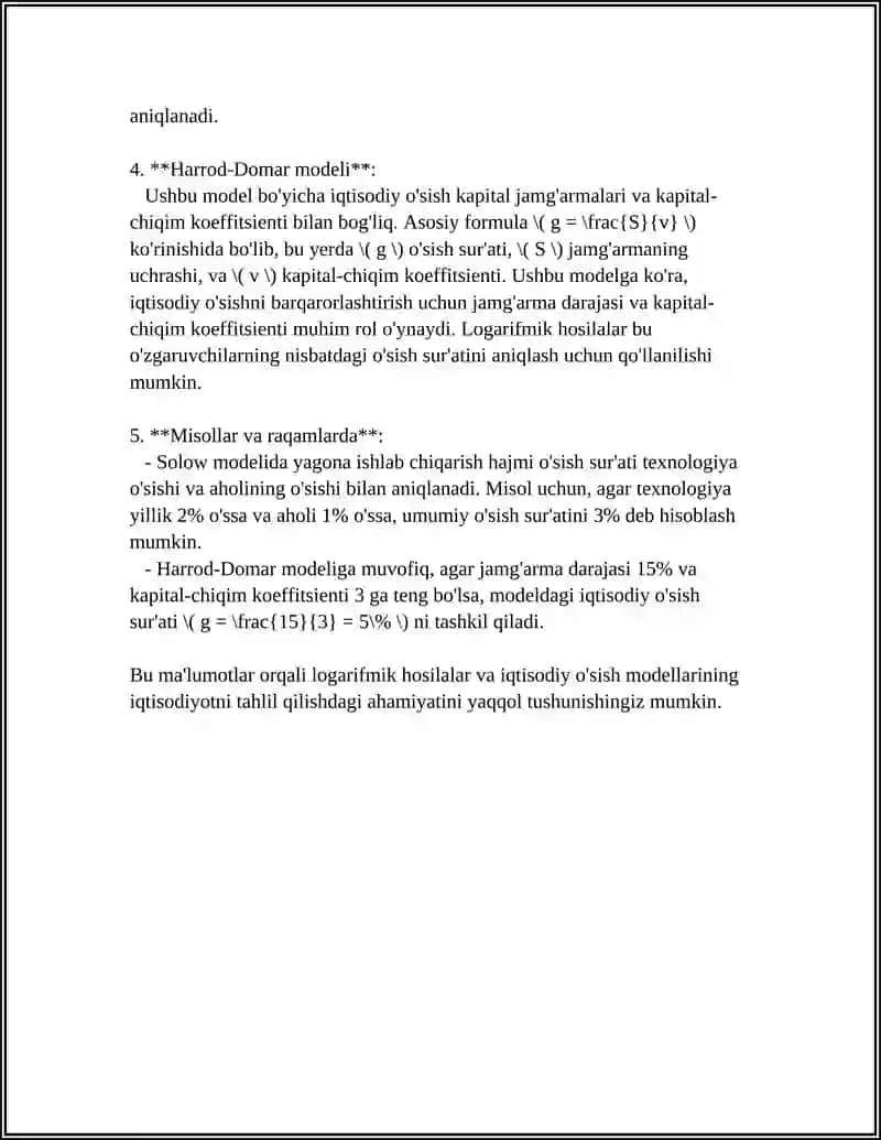 LOGARIFMIK HOSILANING IQTISODIYOTDA QO'LLANILISHI 4