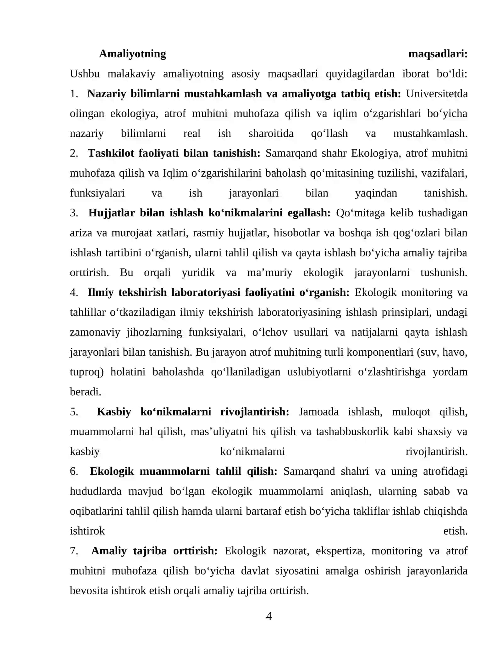 Ekologiya atrof-muhitni muhofaza qilish amaliyoti nazariy koʻnikmalar 4