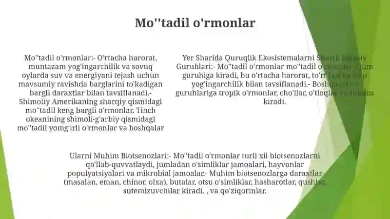 Yer Sharida Quruqlik Ekosistemalarni Shartli Iqlimiy Guruhlari Va Ularni Muhim Biotsenozlari 4