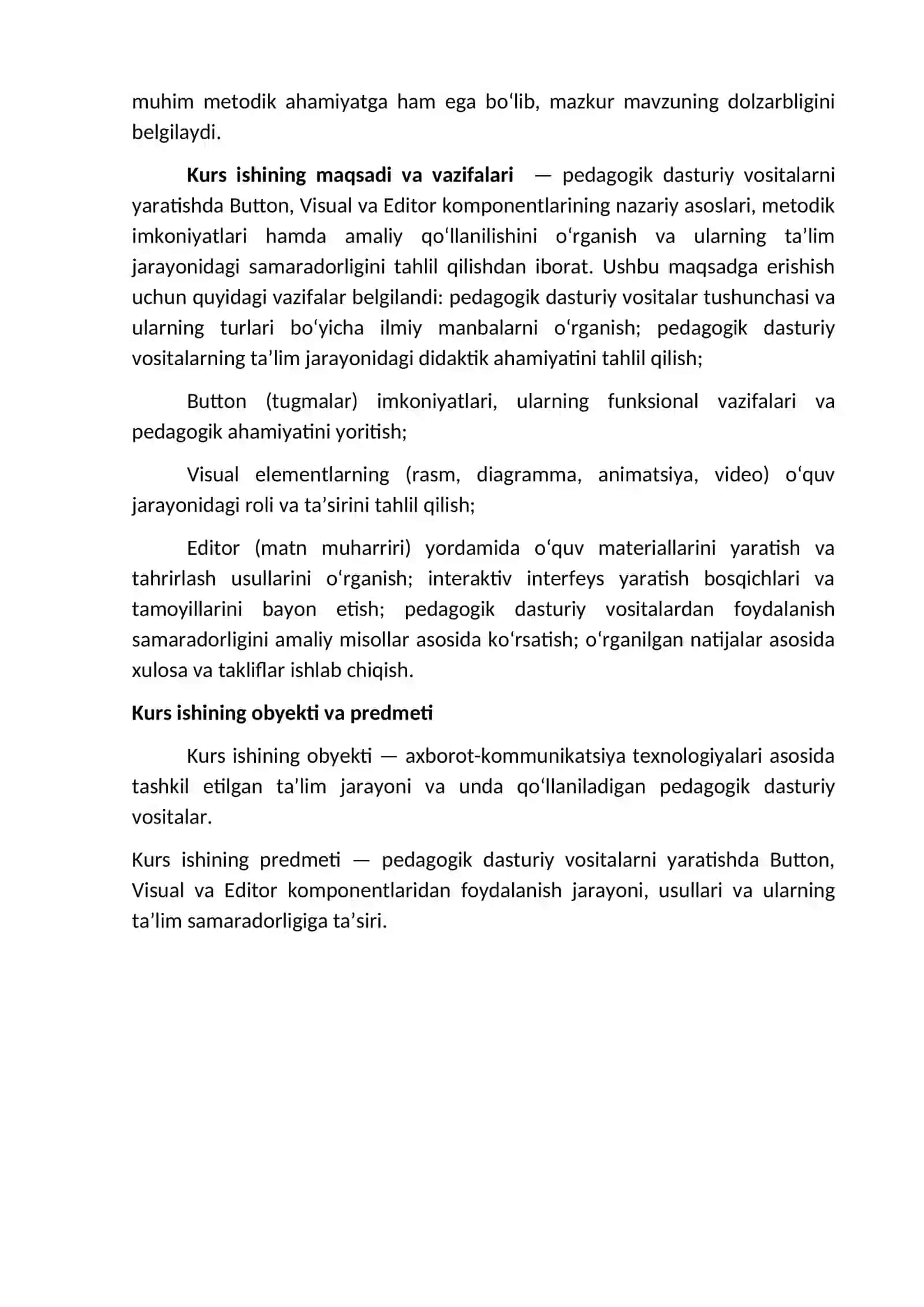 Pedagogik dasturiy vositalar yaratishda Button, Visual va Editor imkoniyatlaridan foydalanish 4