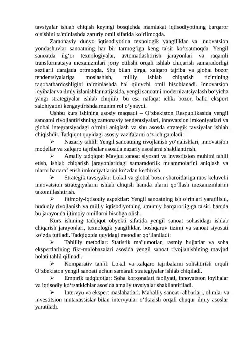 “O‘zbekiston Respublikasida yengil sanoatni rivojlantirish yo‘nalishlari” mavzusida ilmiy ish 4