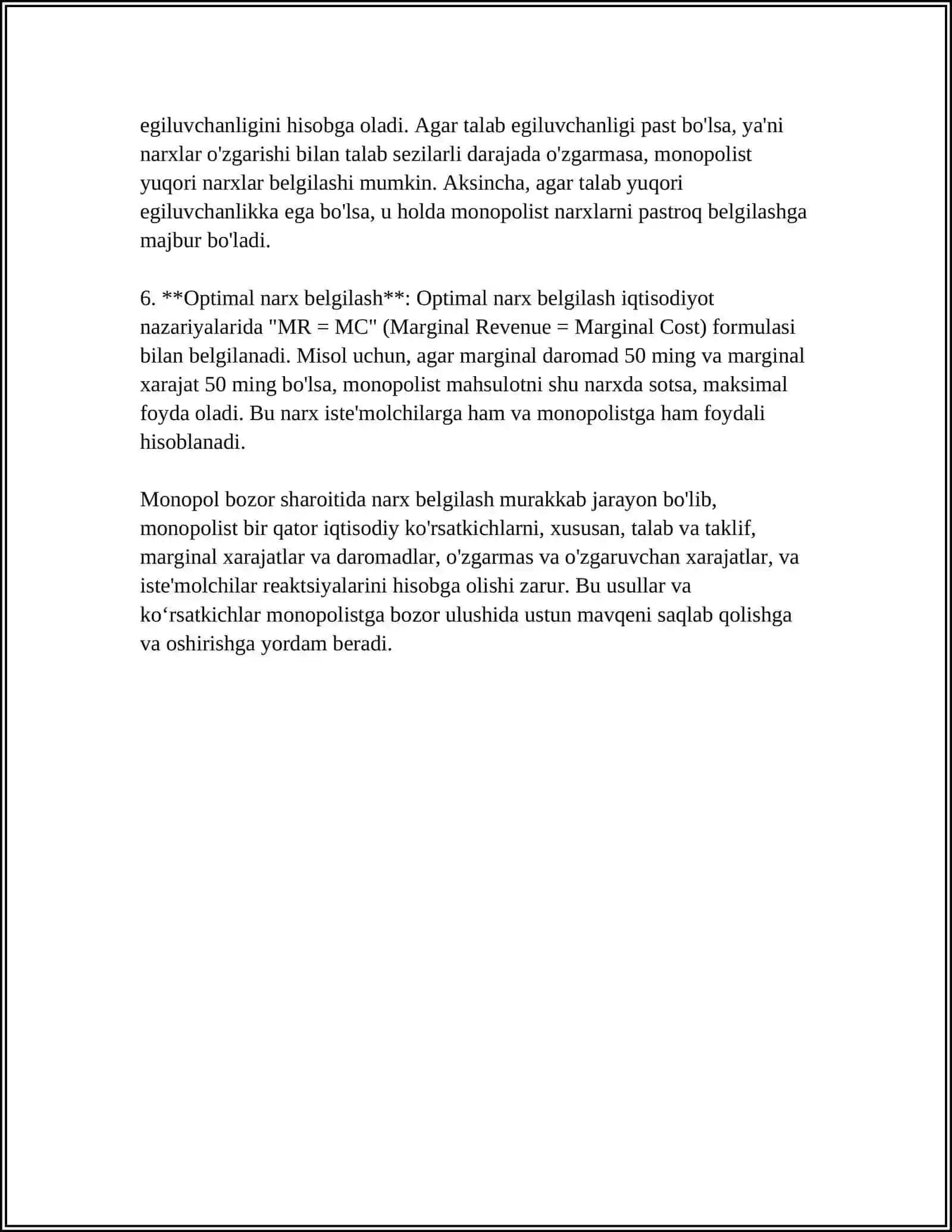 Monopol bozor sharoitida narx belgilash usullari 4