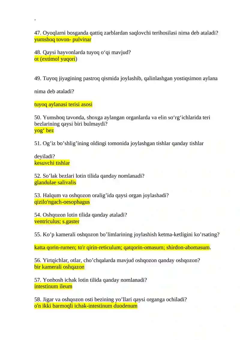 Hayvonlar anatomiyasi fanidan testlar savollari 4