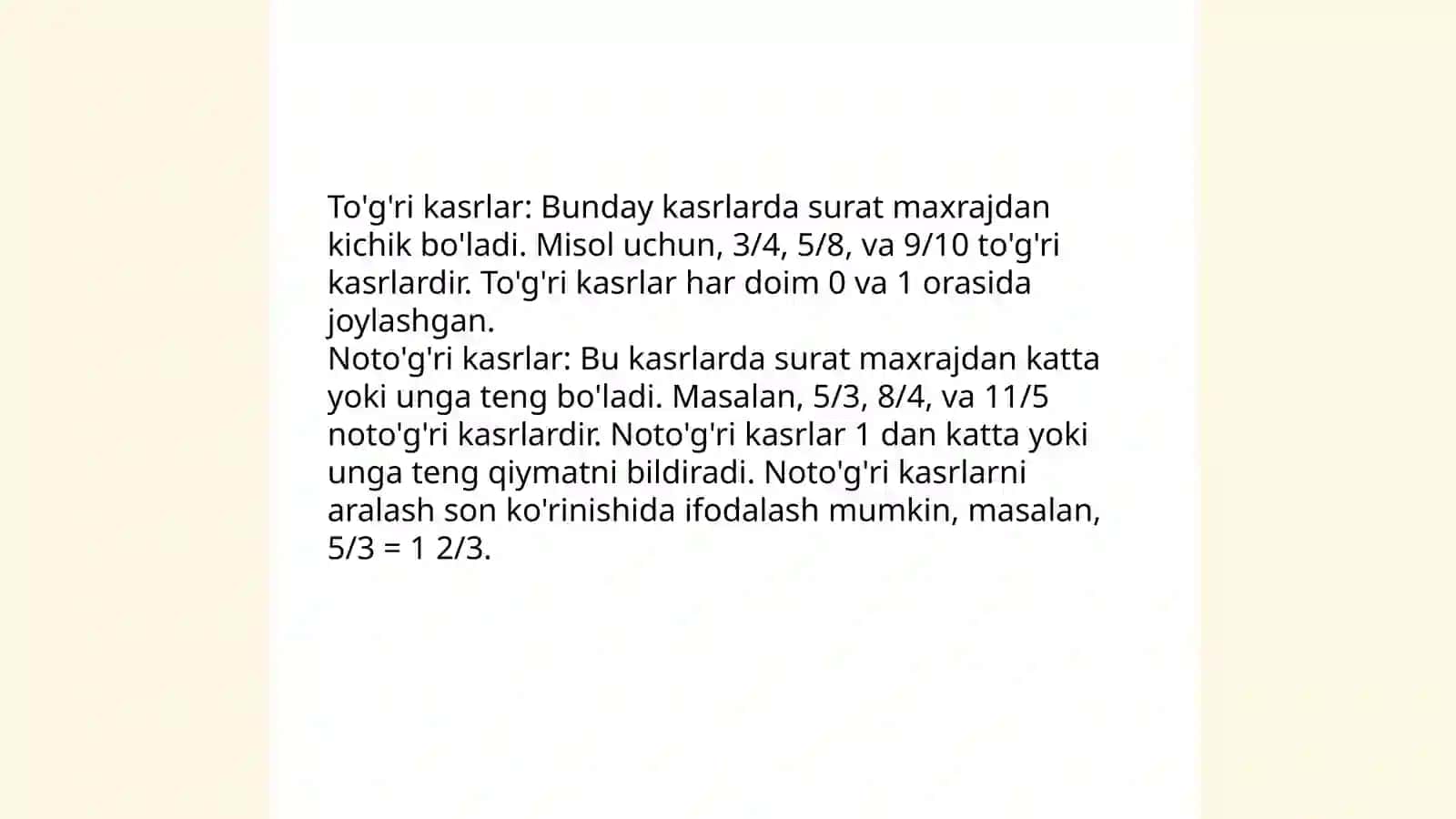 Kasr son tushunchasini kiritish, uni kengaytirish va sonlar ustida amallar bajarish metodikasi 4