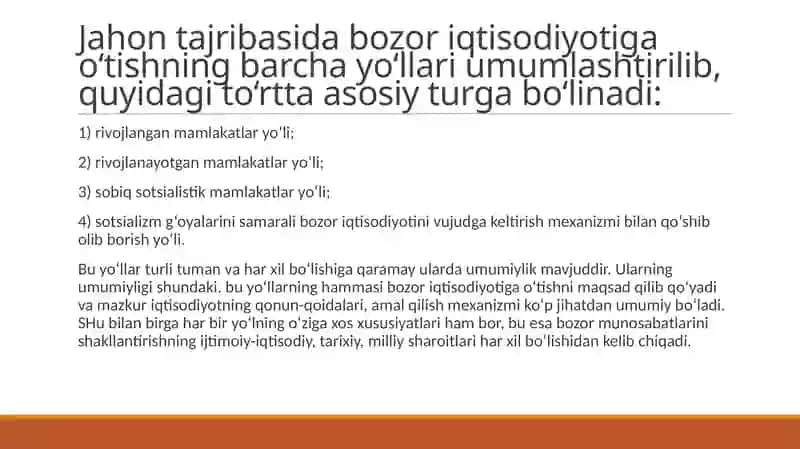 O'tish davrining mazmuni va bozor iqtisodiyotiga o'tish yo'llari 4