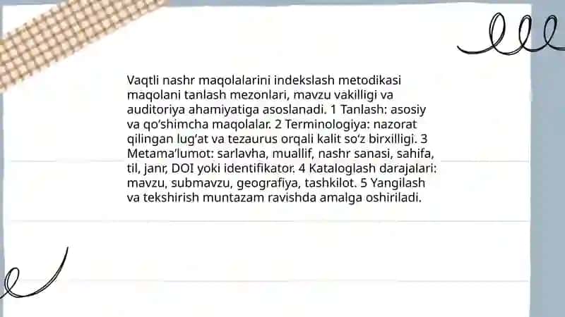 Vaqtli matbuotda chop etilgan maqolalarni kataloglash va indekslash metodikasi 4