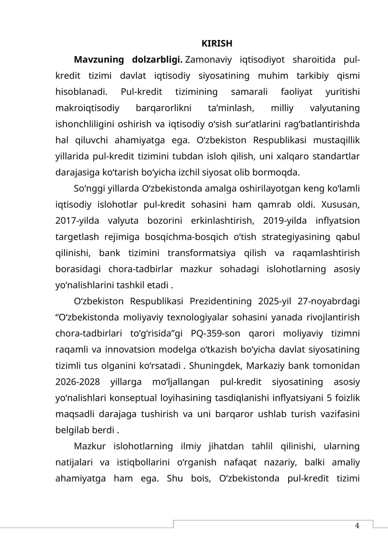 O‘ZBEKISTONDA PUL-KREDIT TIZIMI SOHASIDAGI ISLOHOTLAR KIRISH 4