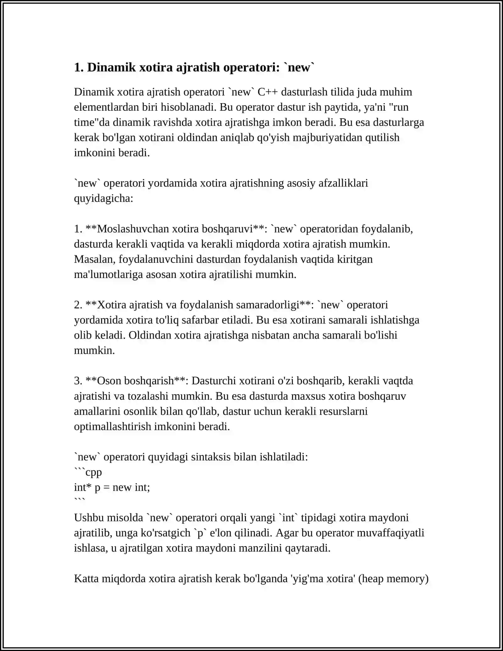 Dinamik xotira ajratish operatori: `new` 4