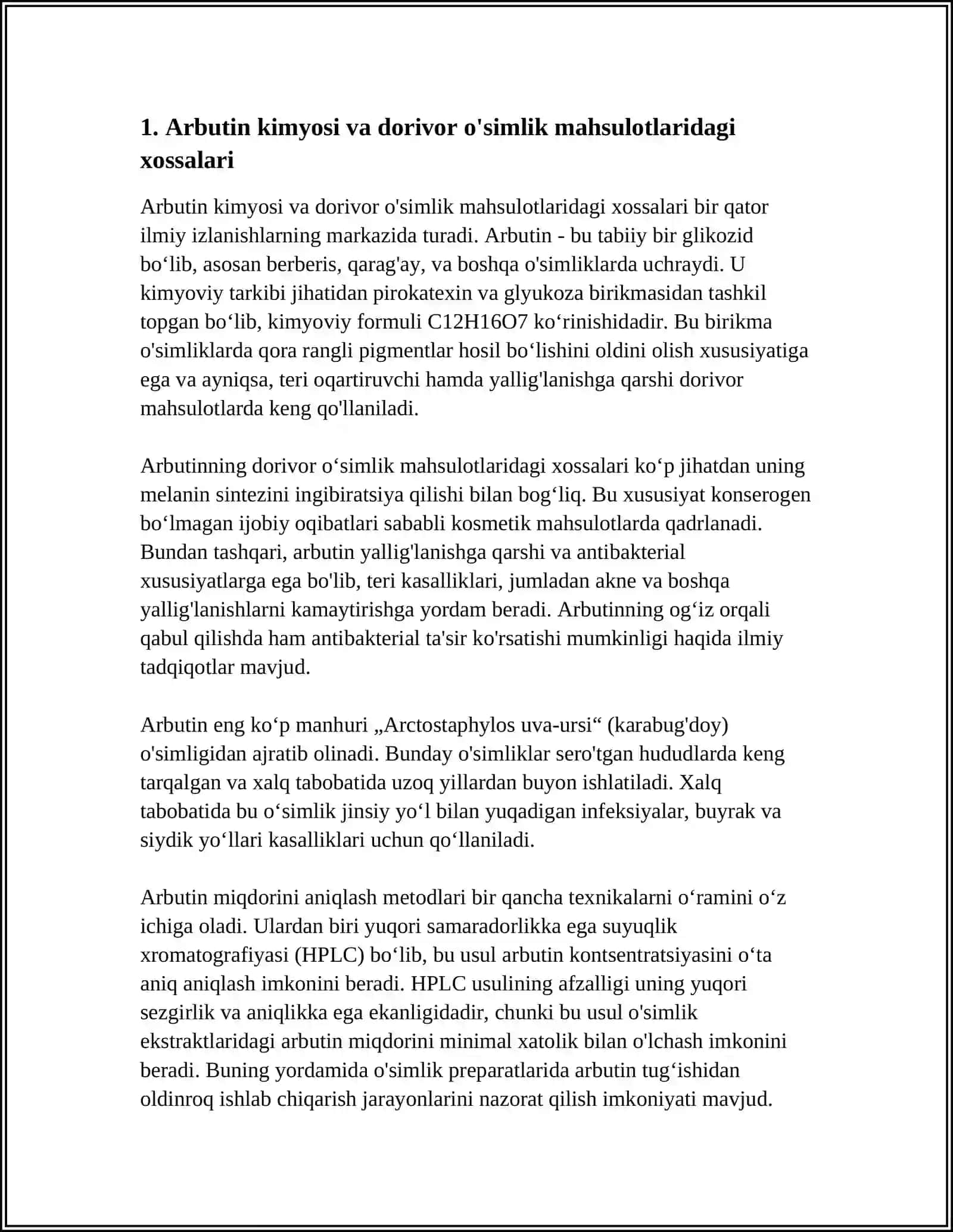 DORIVOR O'SIMLIKLAR MAHSULOTI TARKIBIDA ARBUTINNI MIQDORINI ANIQLASH USULI. LIGNANLARNING ZAMONAVIY TASNIFI 4