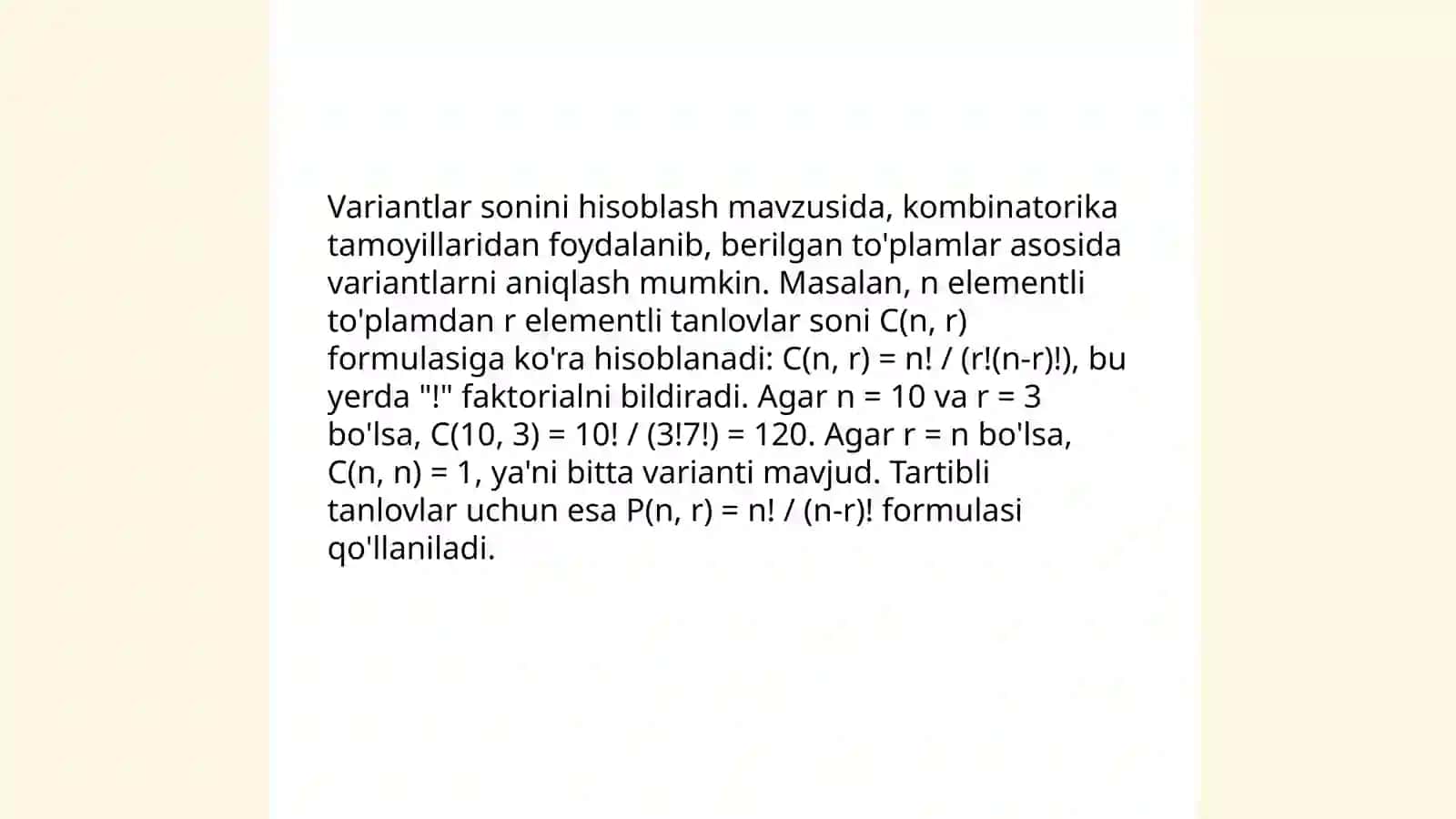 Kombinatorika mavzusidagi formulalar yordamida yechiladigan masalalar yechimi 4