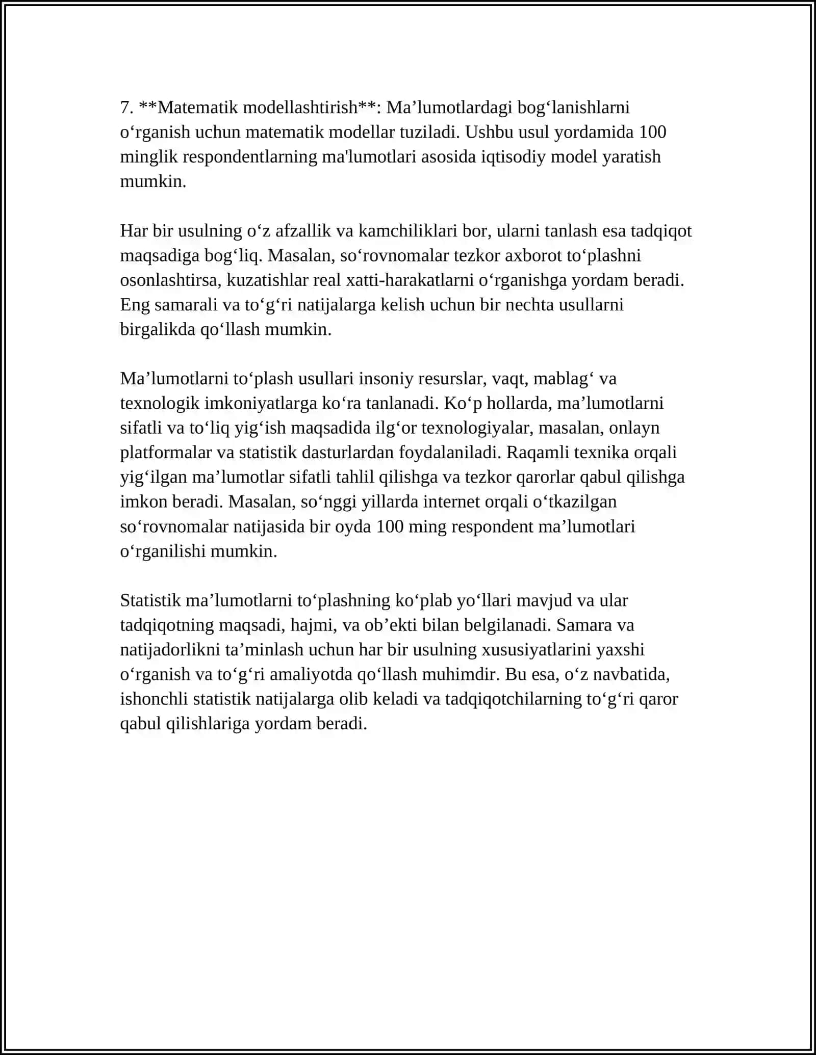 STATISTIK MA’LUMOTLARNI TO‘PLASH NAZARIYASI VA AMALIYOTI 4