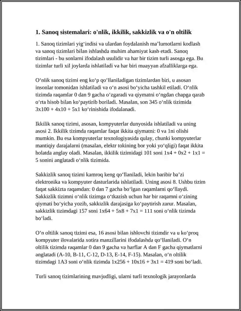 MAʼLUMOTLARNI KODLASHTIRISH VA SANOQ SISTEMALARI BILAN ISHLASH 4