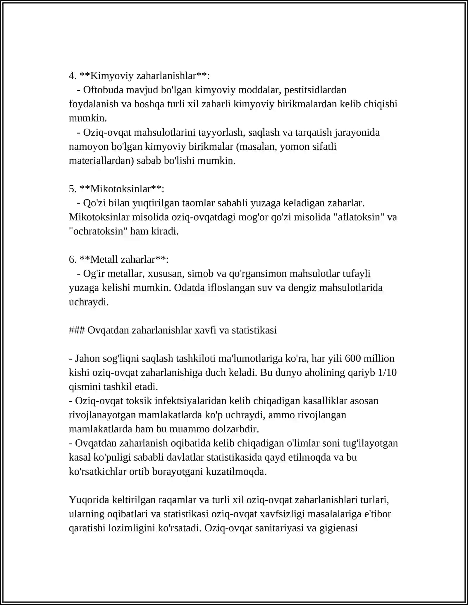 MUSTAQIL ISH Mavzu: OVQATDAN ZAHARLANISHLAR VA ULARNING PROFILAKTIKASI 4