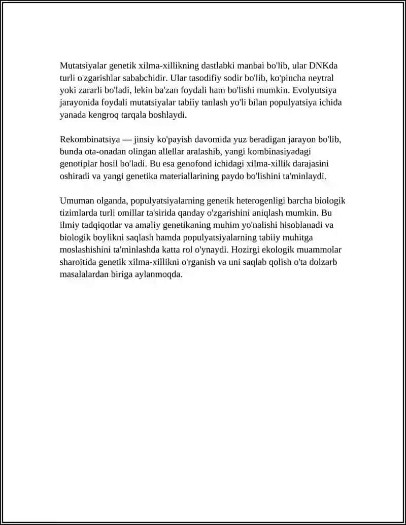 POPULYASIYALARNING GENETIK GETEROGENLIGI. POPULYASILAR GENETIK TARKIBI DINAMIKASINING OMILLARI 4