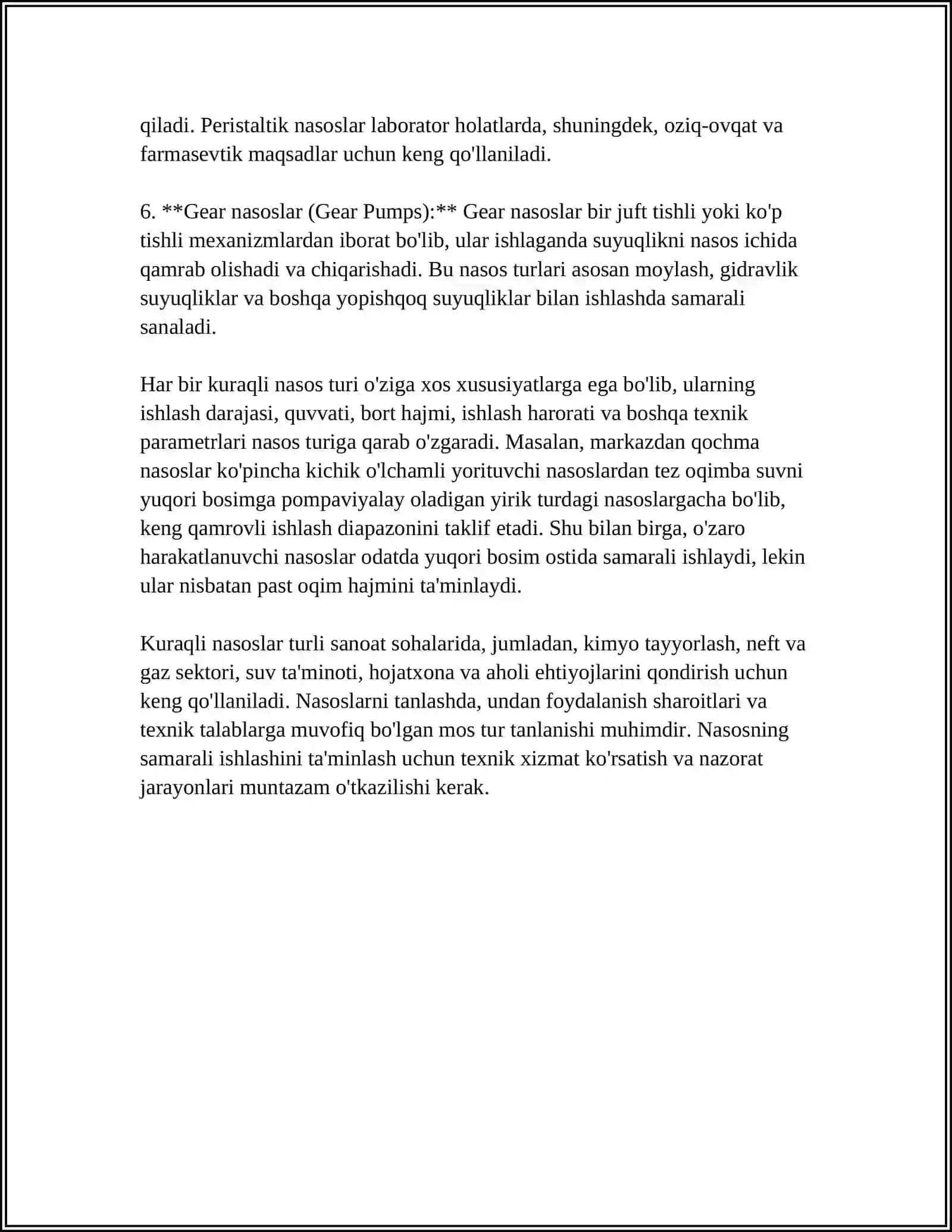 Kurakli nasoslar, asosiy kattaliklari (unumdorligi, to'liq bosimi, quvvati va fik) 4