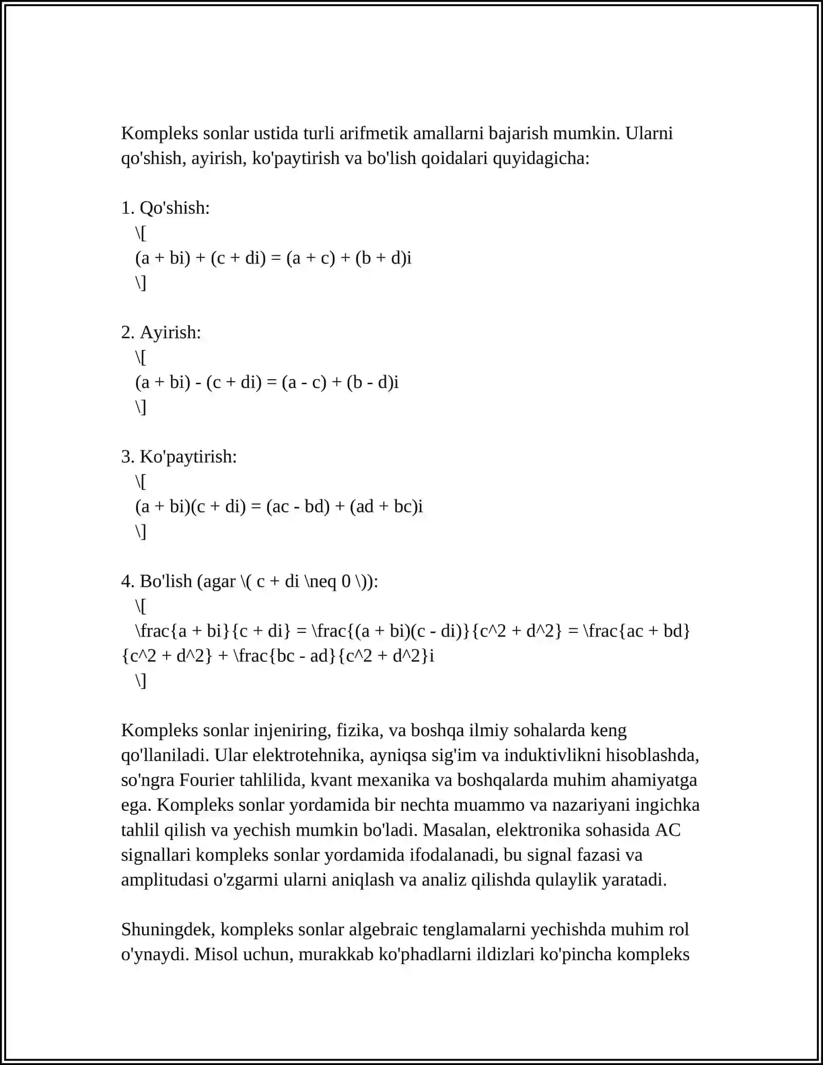 KOMPLEKS SONLARNING ALGEBRAIK,TRIGONOMETRIK VA KO'RSATKICHLI SHAKLLARI 4