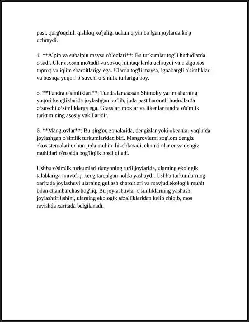 O'SIMLIK TURKUMLARI VA ULARNING TABIIY JOYLASHISHLARI(XARITADA BELGILASH) 4